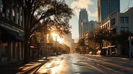 Obraz premium Sunrays coming form tree on street. Generative Ai.