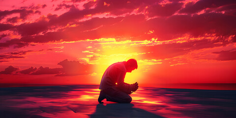   Christian Man prayer on his knees praying on sunset background ,A Christian Man's Evening Prayer background   
 