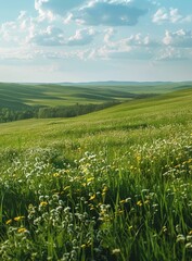 Fototapeta premium Green rolling hills with flowers
