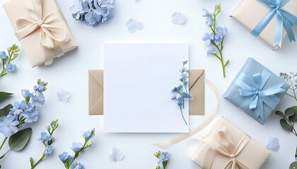 Mockup of greeting card or invitation. White paper, blue flowers and gift box on the white background.