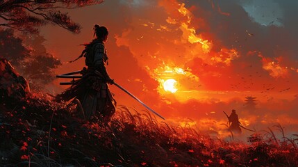 Obraz premium Evening Blade: A Samurai's Nighttime Poise. Generative Ai.