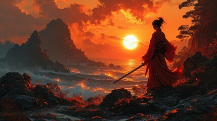 The Samurai's Sword in Evening Shade. Generative Ai.