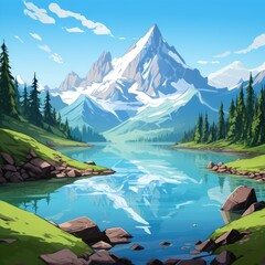 Cartoon Mountain Lake Water Delights. Generative Ai.