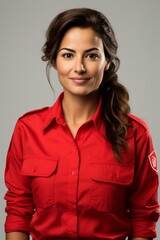 Portrait of a young female firefighter in red uniform