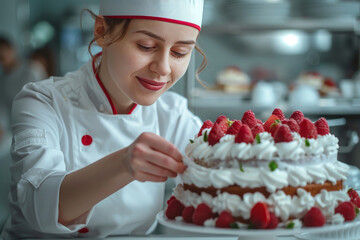 Pastry Chef Decorating a Fresh Strawberry Cake