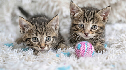 Two cute fluffy kittens chasing toy ball. Enjoyment, happiness. Feline. Kitten.