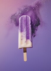 Minimalist concept of ice cream on a stick over a purple background. Empty space for text.