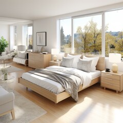 Fototapeta premium Cozy Minimalist Bedroom Interior Design With Natural Light