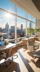 Modern office space with large windows and a view of the city