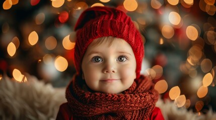 Little girl in red hat and scarf near Christmas tree