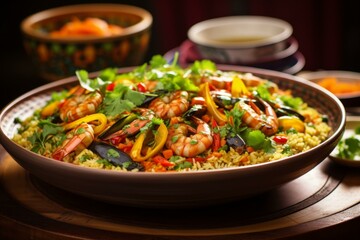 Seafood Paella with vegetables, clams, mussels, and shrimp