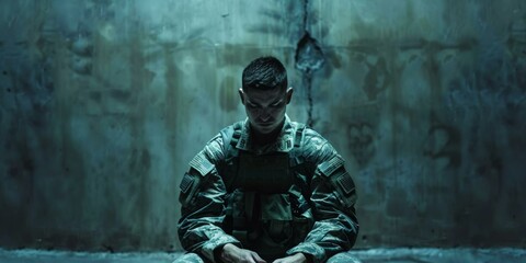 A soldier sits in a dark room.