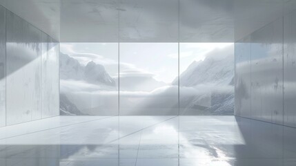 Modern architecture empty room with huge glass window looking at snow mountain