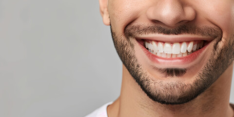 Obraz premium close up portrait of a handsome young Arabic man smiling with perfect teeth, generative AI