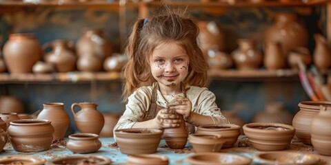Little girl is making a clay pot in the pottery