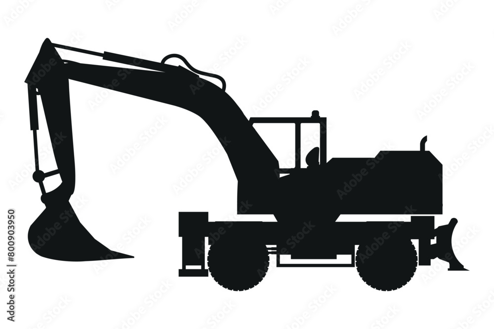 Sticker backhoe silhouette. Heavy machinery for construction and mining