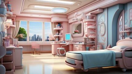 The interior of a futuristic hospital room