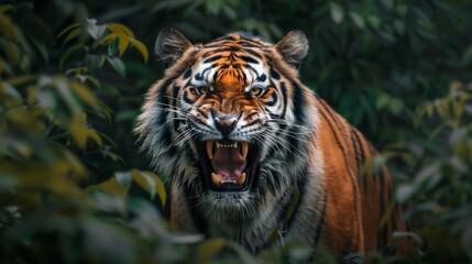 Amur tiger captured mid-roar, a powerful display of raw strength and ferocity in the wild, framed by lush greenery