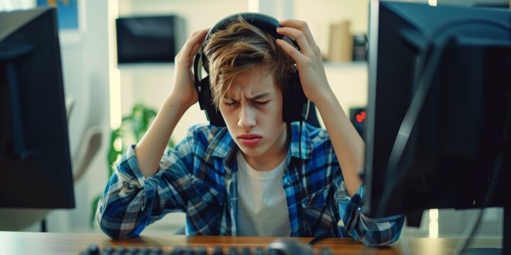 Frustrated teenage gamer holding his head in front of the computer