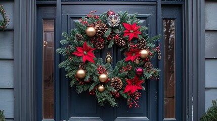 Fototapeta na wymiar Hang a wreath adorned with festive ribbons and ornaments on your front door to welcome guests with holiday cheer.