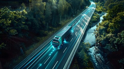Aerial Perspective of an Electric Truck Pioneering a Holographic River and Greenery on the Road
