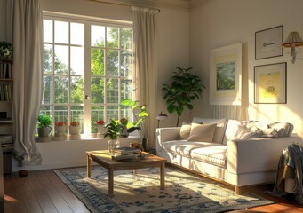 A bright and sunny living room with a large window, a sofa, and a coffee table