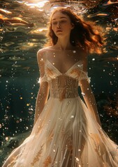 Young Woman in White Dress Underwater