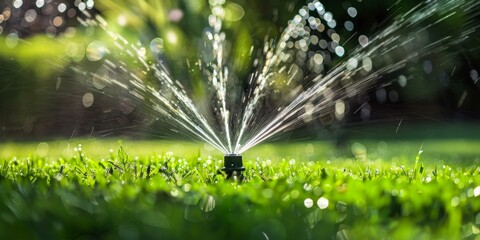 Garden Sprinkler Watering Green Grass Lawn