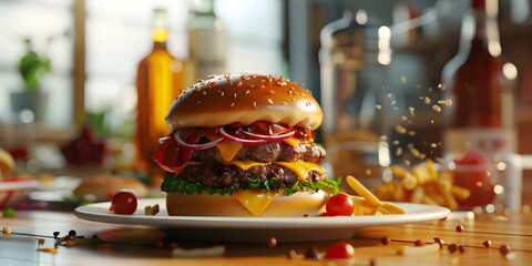  Delicious burgers of beef, cheese and vegetables on plate and wooden table blur background .  Homemade fresh tasty burger with lettuce and cheese, Breaking bad diet habits food cravings concept 
