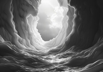 Mystical underground river flowing through a glowing cavern