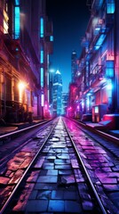 City street with railroad tracks in the foreground and a futuristic city in the background