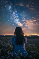 girl looking up at the starry night sky