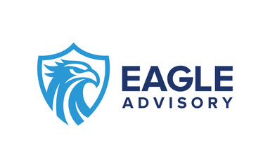 Eagle or hawk head with shield isolated on white background. Template for design mascot, label, badge, emblem or other branding. Vector illustration.