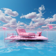 Pink surreal seascape with floating bed