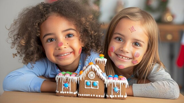 Zoom in on the faces of family members as they gather around the kitchen island, decorating gingerbread houses with