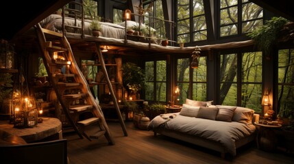 A cozy forest cabin with a bedroom and a living area