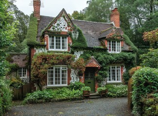 Small English country cottage with a garden full of flowers and plants