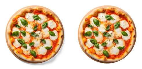 Margherita Italian pizza with melted mozzarella cheese and tomato garnished with fresh basil on a white and transparent background
