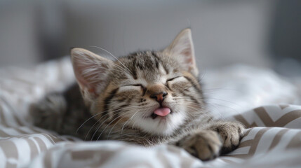 Cute kitten laying on bed with tongue out. Soft and adorable. Feline. Cat. Young.