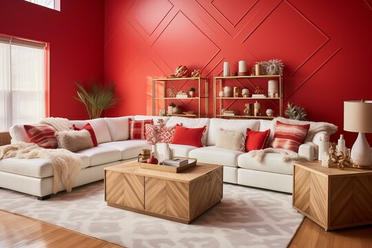 Red living room with white sectional sofa and wood coffee table