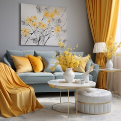 Elegant living room interior with yellow accents and floral paintings