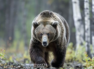Large male grizzly bear walking through the forest