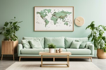 A living room with a green sofa, plants, and a world map on the wall
