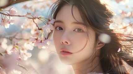 Fototapeta premium Portrait of a young woman standing in a field of cherry blossoms