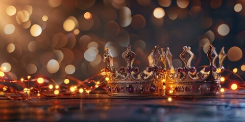 Two golden crowns on a wooden table with a string of lights in the foreground and a blurred background with golden bokeh lights.