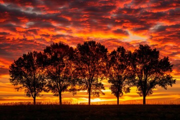 Fototapeta premium Fiery Sky Silhouettes Trees at Sunset