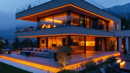 Illuminate your modern living room at night with LED strips highlighting the sofa, TV, and decor, creating a chic and