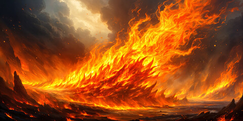 A dramatic scene of a large, fiery inferno consuming a landscape, with dark clouds looming above.