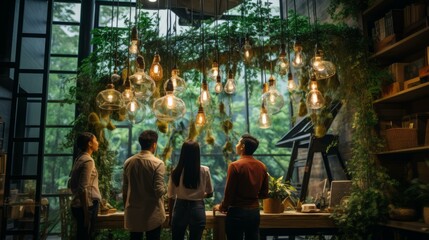 Four people in a greenhouse looking at the plants