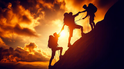 Silhouette of climbing friends helping each other as a team to reach the top of the mountain